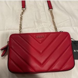 DKNY Veronica Double Zip Crossbody Bag Quilted Chevron Red Faux Leather NWT
